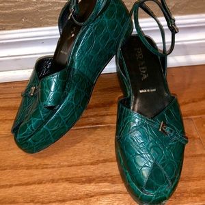 Prada Green Leather Wedge Sandals